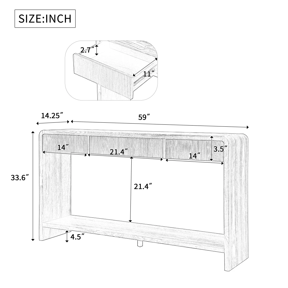 طاولة كونسول حديثة ذات 3 أدراج مع شرائح عمودية، تصميم حافة مستديرة، مثالية للمدخل أو المدخل أو خلف الأريكة