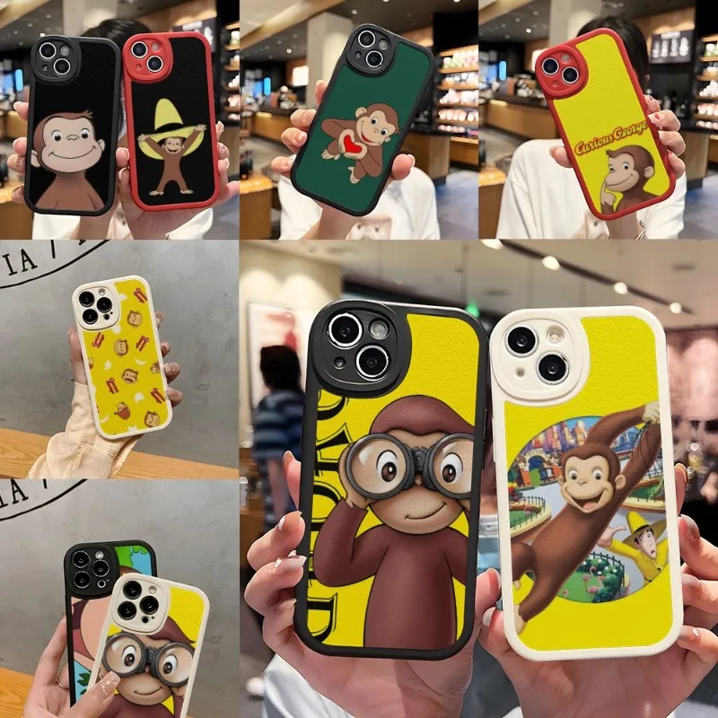 Curious George Monkey Phone Case Silicone For IPhone 12 13 14 11 Pro Max Mini Xs X Xr 7 8 Plus SE2020 Leather Texture Coque