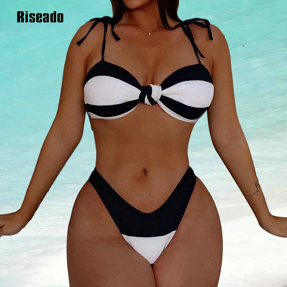 Sexy Bikini Set for Women Striped Knot Front Push Up High Leg Thong Two Piece Swimsuit