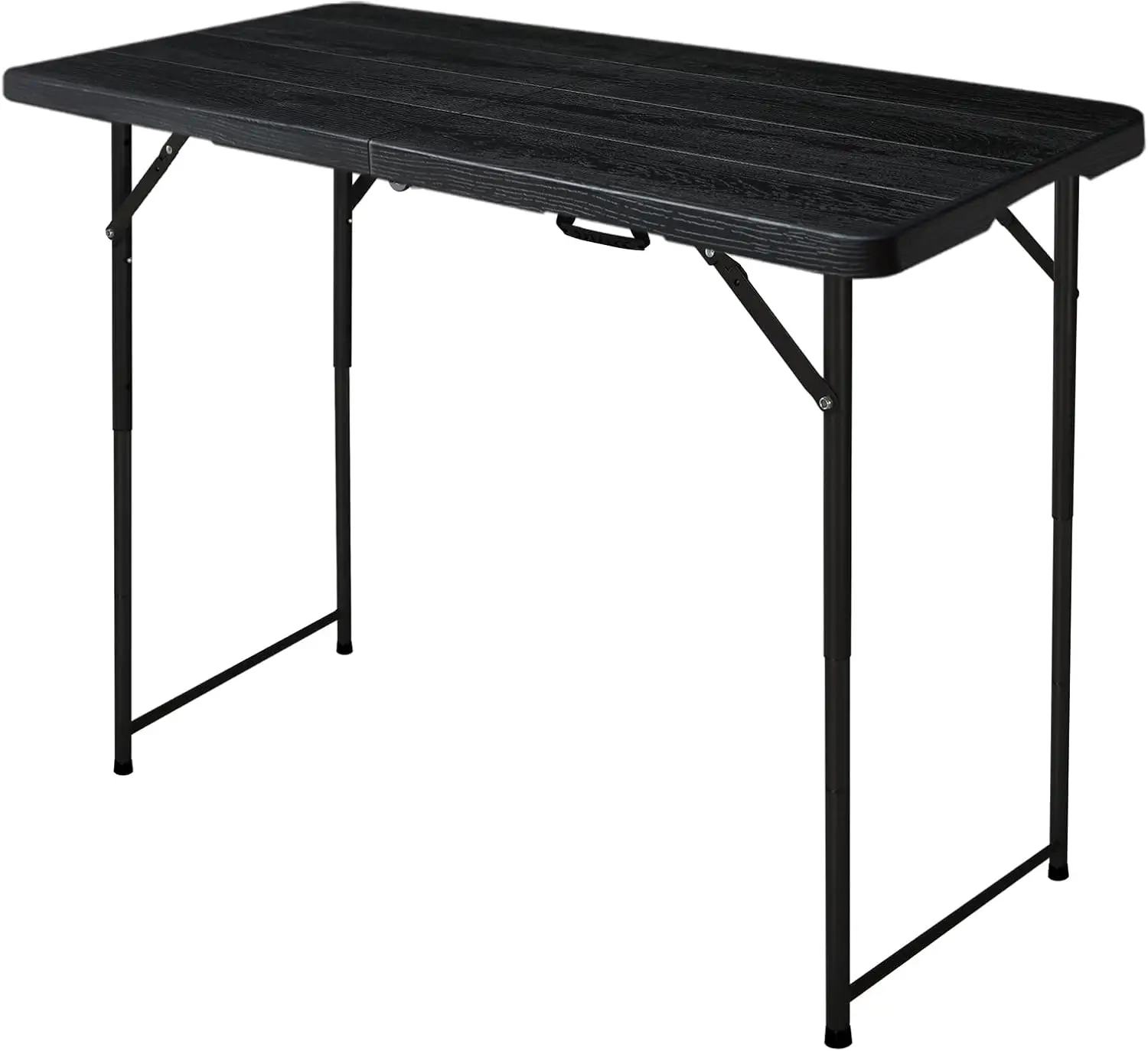 

4ft Fold-in-Half Adjustable Height Utility Table, Durable HDPE & Steel, Lightweight, Indoor/Outdoor, Black Woodgrain
