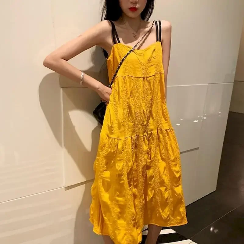 2024 Summer Female Dress Korean Loose Yellow Sling Bellflower Skirt Oversized Vintage Gothic Clothes Sleeveless Solid Harajuku