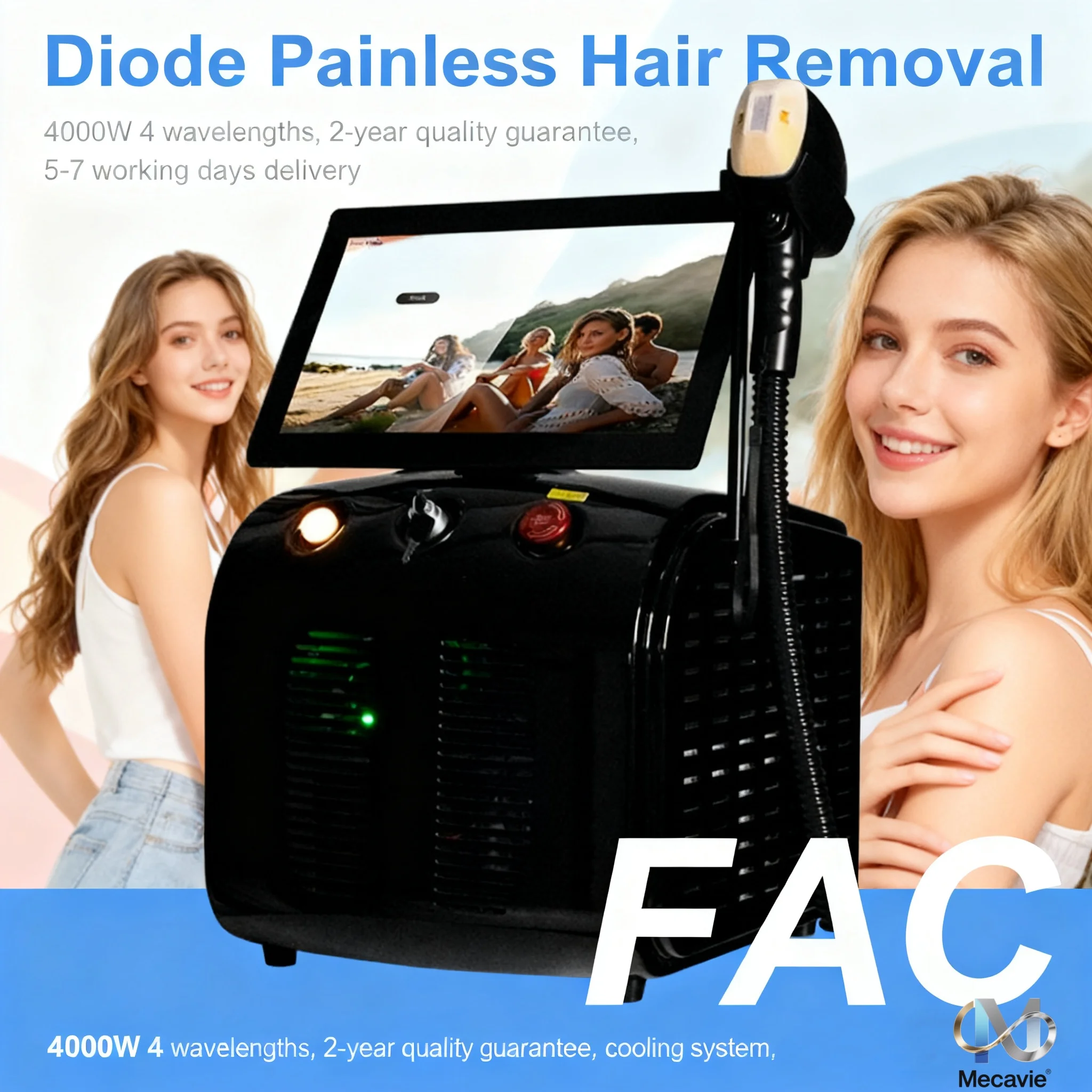 

Latest FAC Tech 4000W Soprano Diode Laser Hair Removal Device 4 Wavelengths (755/808/940/1064nm) Beauty Depilation Equipment