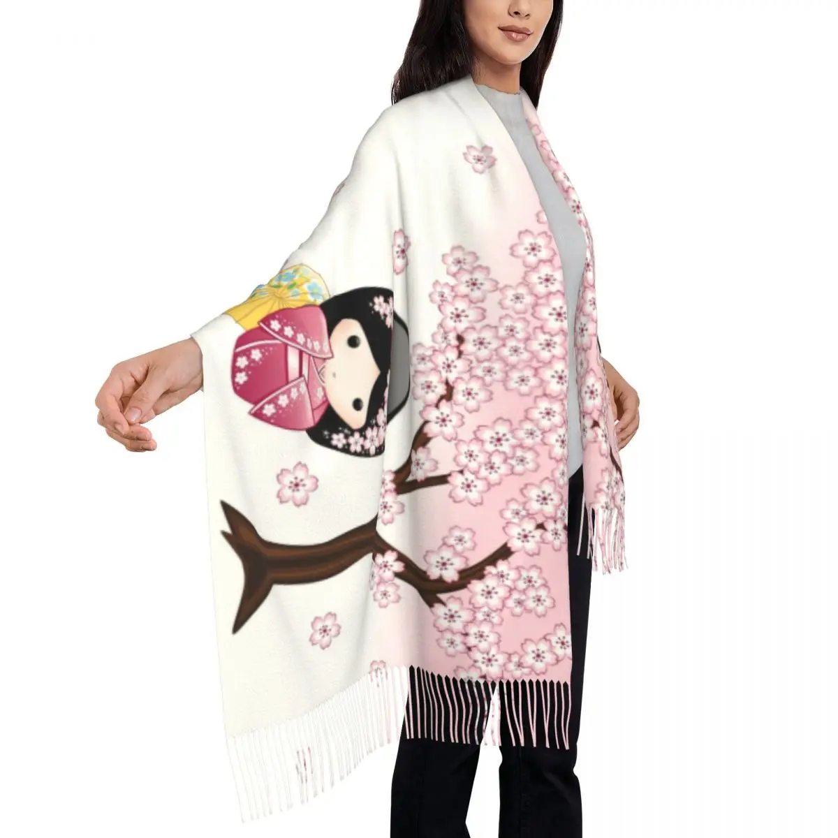 Kokeshi-bufanda japonesa de primavera para mujer, chal largo de invierno cálido con borlas, chal femenino bonito de flor de cerezo Sakura