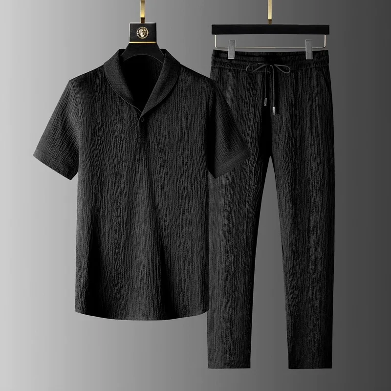 

New 2025 Men's Cotton Linen Casual Set ort Sve T-irt Long Pants Two-Piece Summer Faionable Leisure Wear for Teens
