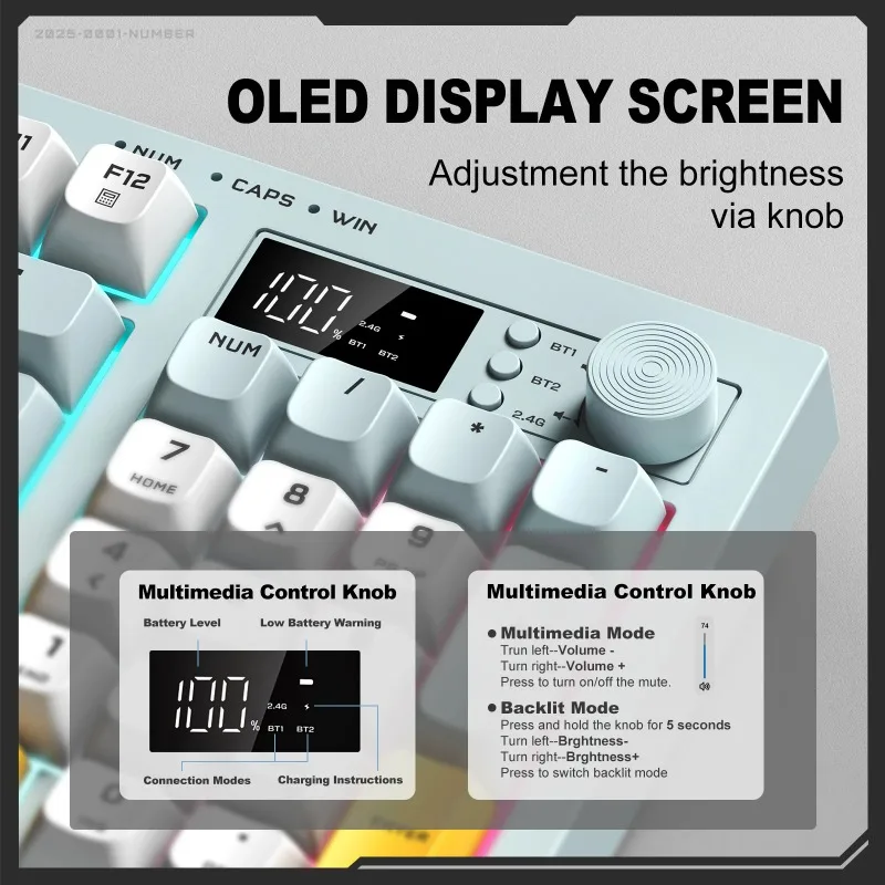 ONIKUMA G80 Mechanical Gaming Keyboard 94 Keys Tri Mode Wireless Bluetooth Wired Gasket Structure Full Key Hot Swap RGB Keyboard