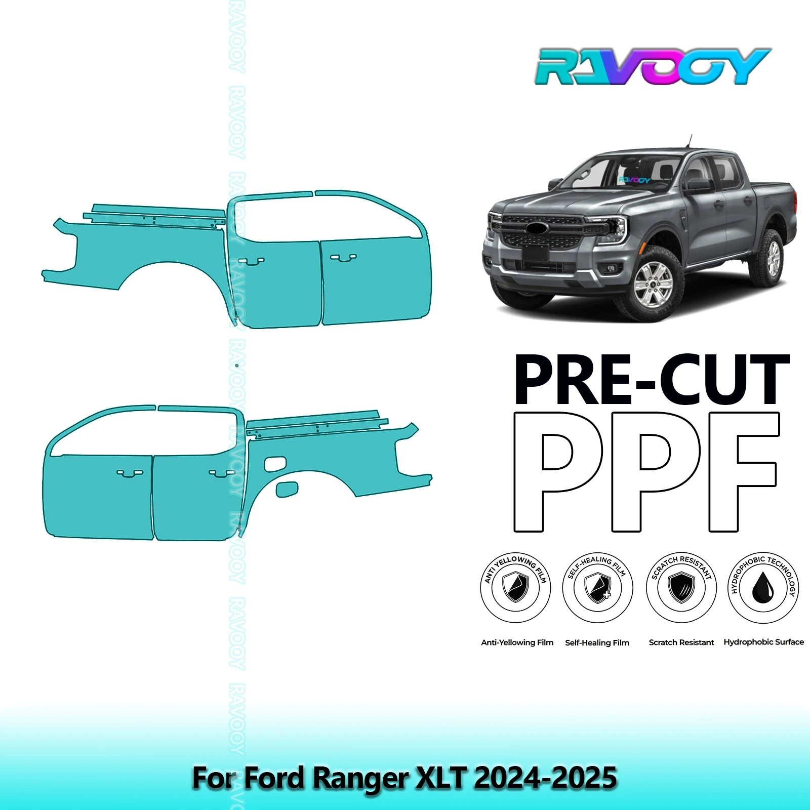 

For Ford Ranger XLT 2024-2025 8.5mil Clear Matte Pre-Cut PPF Door & A/B Pillar Kit TPU Paint Protection Film Set