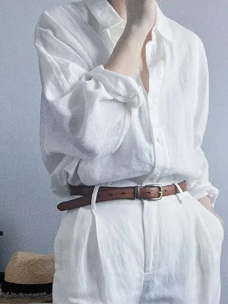 French White Collar Cotton Linen Sunscreen Shirt For Women, Spring And Summer Thin Linen Casual Shirt