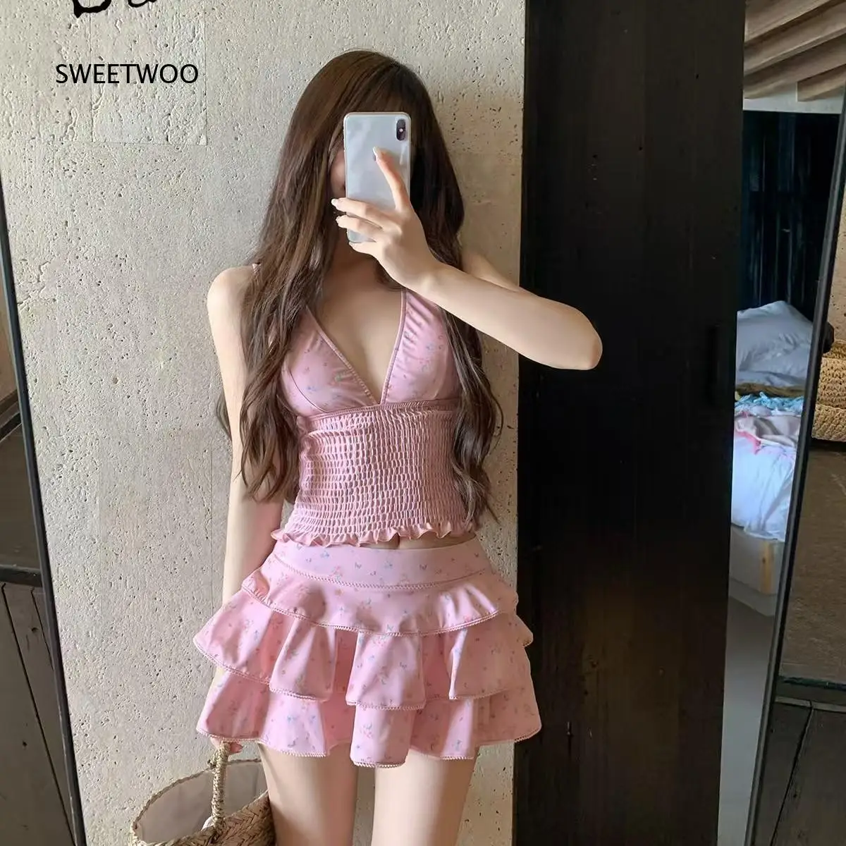 Women 2 Piece Swimsuit V Neck Sleeveless Smocked Crop Top Layered Ruffle Skirt Bottom Cute Dotted Print Swimwear