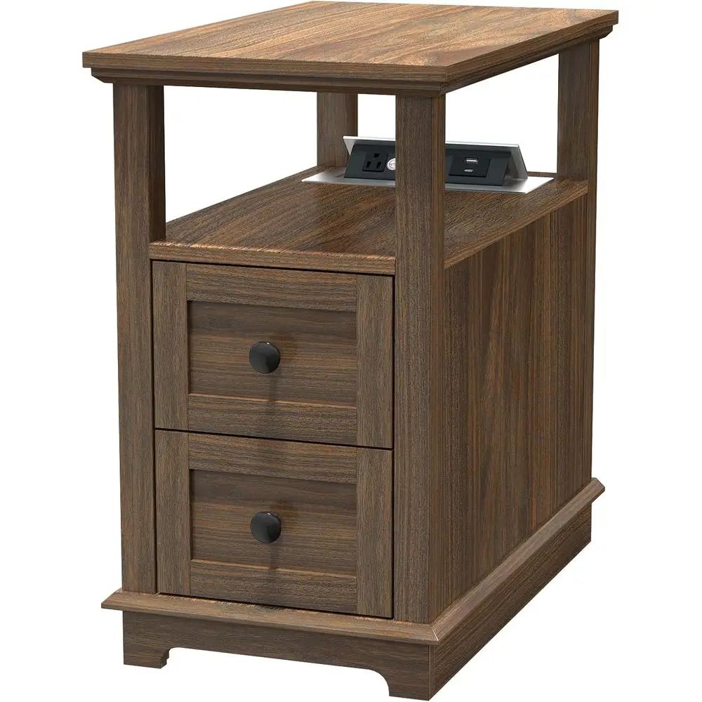 Narrow End Table with lip Top Charging Station and 2 Ders | Type-C & USB Port & Power outlets, Wooden Storage Cabinet, Side Tabl