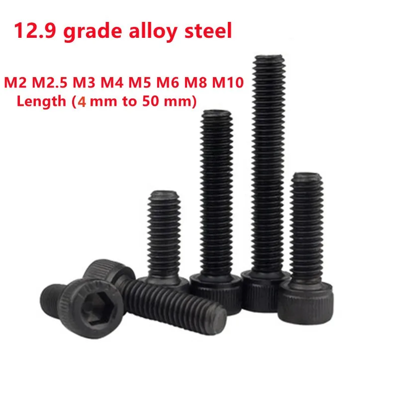 5/10/20/50/100Pcs DIN912 Grade12.9 Black Alloy Steel Hexagon Hex Socket Cup Head Allen Screw Bolt M2 M2.5 M3 M4 M5 M6 M8 M10