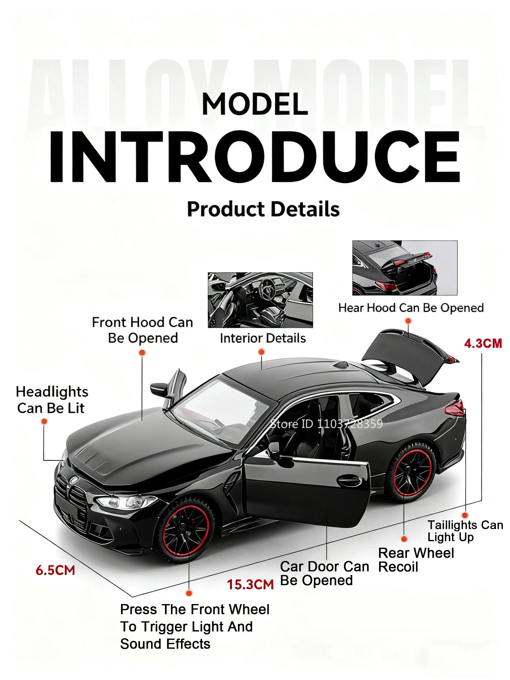 1:32 M4 320I Simulation Auto Modell Spielzeug Metall Diecast Türen Geöffnet Sound Licht Zurückziehen Gummi Reifen Ornament Fahrzeuge für Kinder – Detail 3