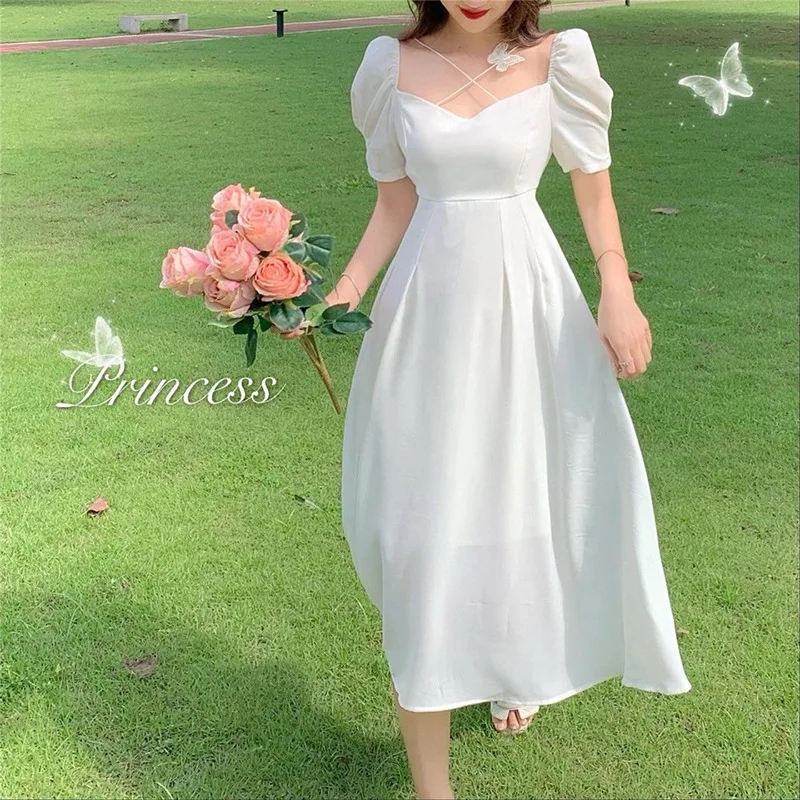 

Summer Fashion Sexy Puff Sleeve Long Dress Women Solid Silm White Dresses Streetwear Princess Shirt Butterfly Casual Y2k Clothes