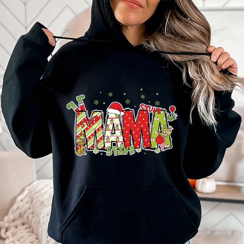 Christmas Mama Cartoon Pullover Hoodie Merry Christmas Gift for Mom Retro Santa Print Christmas Mama Holiday Classic Sweatshirts