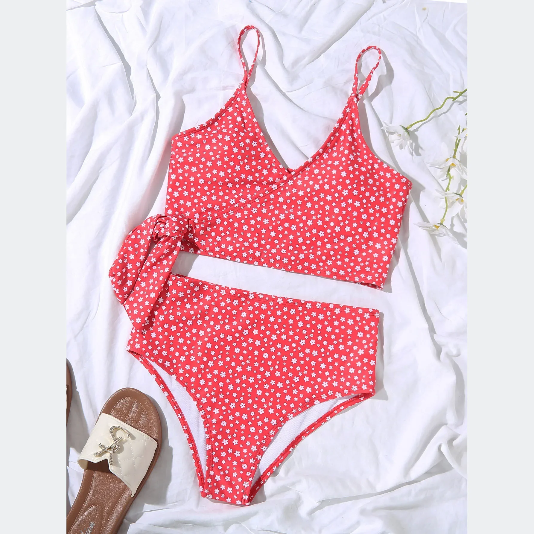 2024 New Sexy Floral Bikini Cross Bandage Separate Swimsuit Lace High Waist Swimwear Beach Bathing Suits Push Up 2 Piece Sets