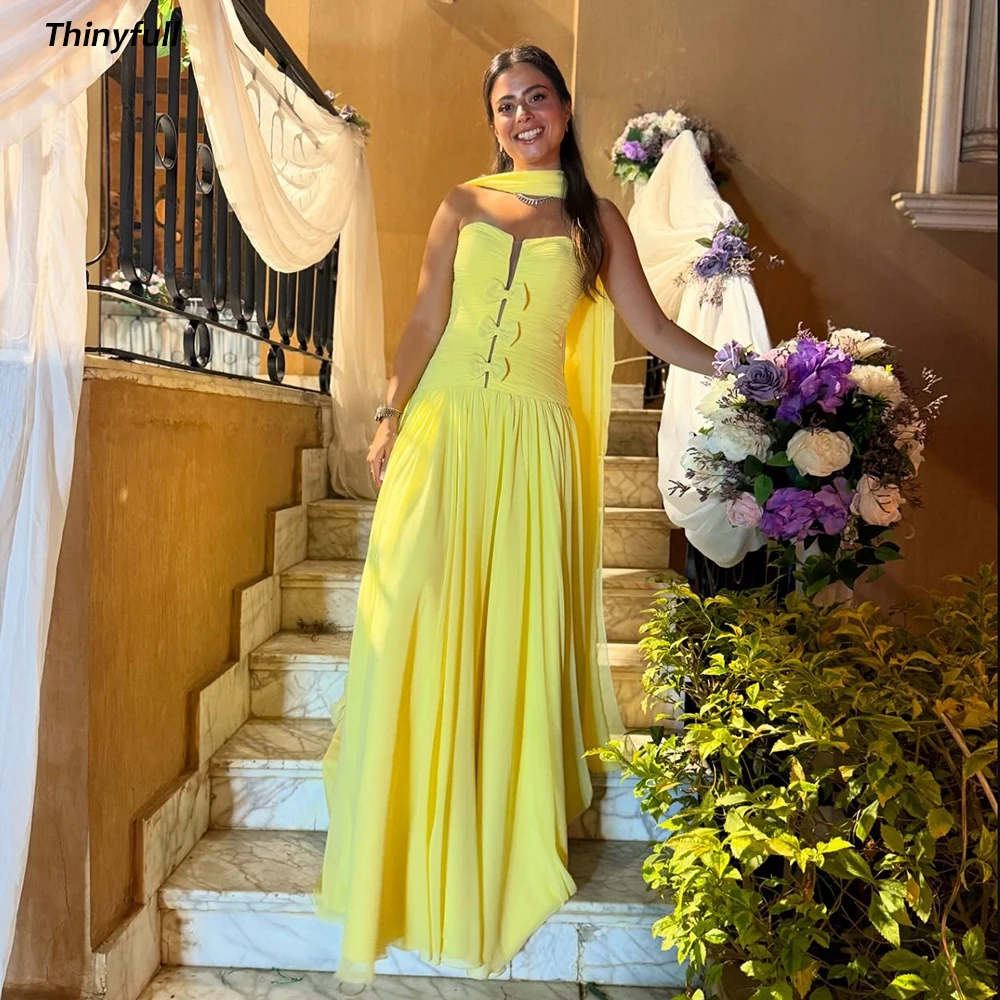 

Thinyfull A-line Chiffon Arab Prom Dress Sleeveless Strapless Ruched Evening Dresses Long Formal Gown Robe De Soirée Customized