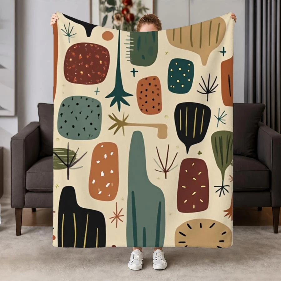 1pc Mid Century Modern Abstract Print Flannel Throw Blanket Boho Neutral Tone Soft Blanket for Couch Bed Living Room