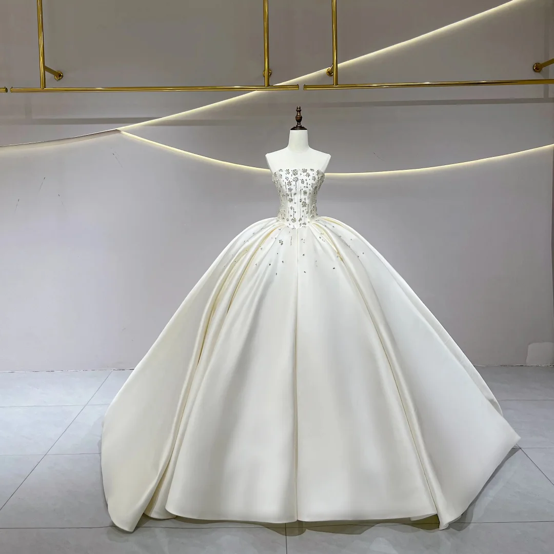 ชุดแต่งงานบอลกาวน์ผ้าซาตินสุดหรู แบบไร้สาย ประดับลูกปัด สไตล์เจ้าหญิง  สามารถสั่งตัดได้  ชุดเจ้าสาวแบบผูกเชือกด้านหลัง