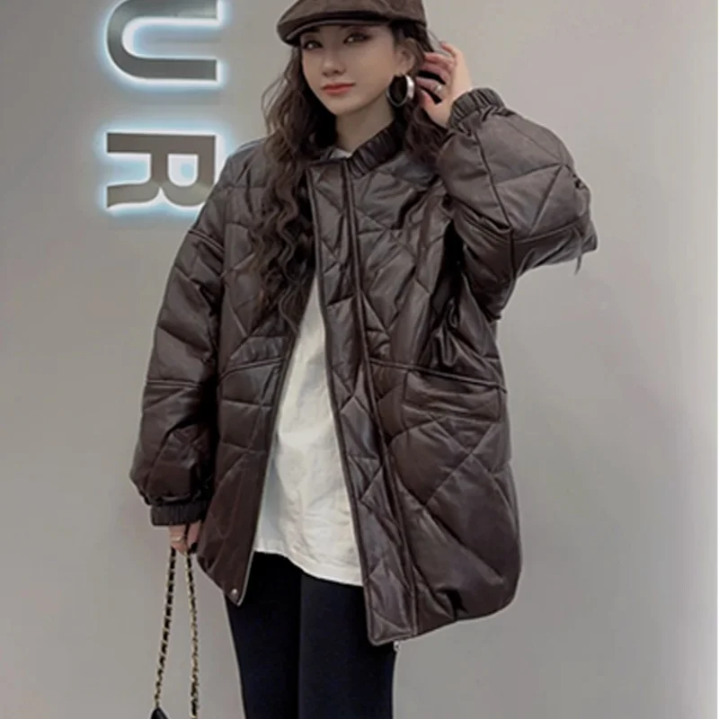 Ele round Ne down Jaet Leather Coat Women's 2024 Winter New Irregular ape European Sle Faionable Real Leather Top