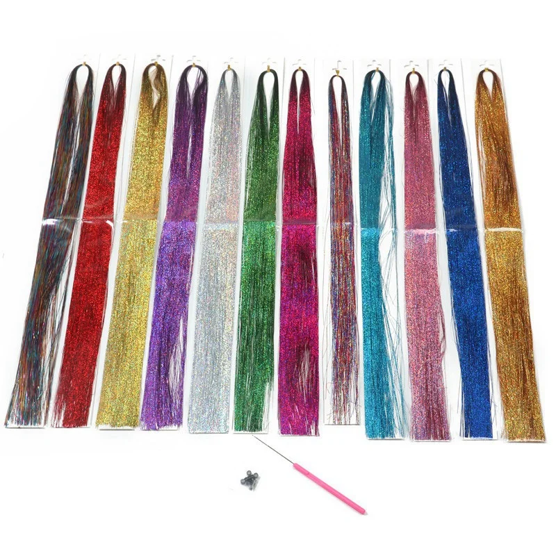 A24P@ Hair Tinsel Strands With Tools 12 Colors Hair Tinsel Strands Kit, Hair Extensions Glitter Shiny Silk Tinsel