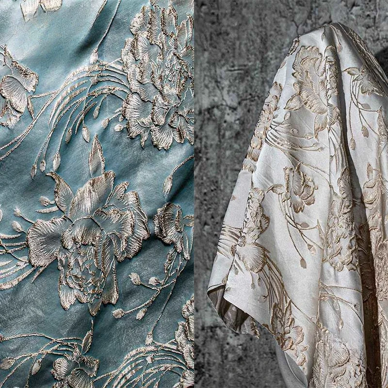 Golden Rose Jacquard Relief 3D Embroidery New Chinese Cheongsam Curtain Skirt Clothing Designer Fabric