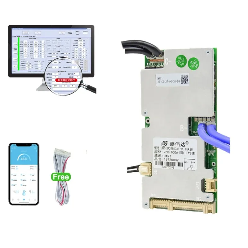 JIABAIDA Smart BMS 8S 24V 6S-22S LiFePo4 Li-ion Lithium Battery 10S 13S 16S 20S 40A 50A 80A 100A Current JBD BMS BT Balance UART