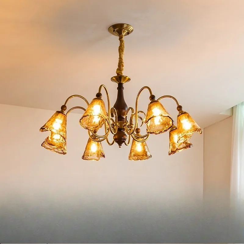 

Medieval living room chandelier retro solid wood master bedroom dining room glass lamp