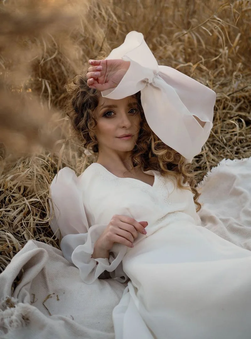 Lsyx-vestido de novia de Organza con cuello en V para mujer, traje de boda bohemio de línea A, manga larga abullonada, longitud hasta el suelo, Playa