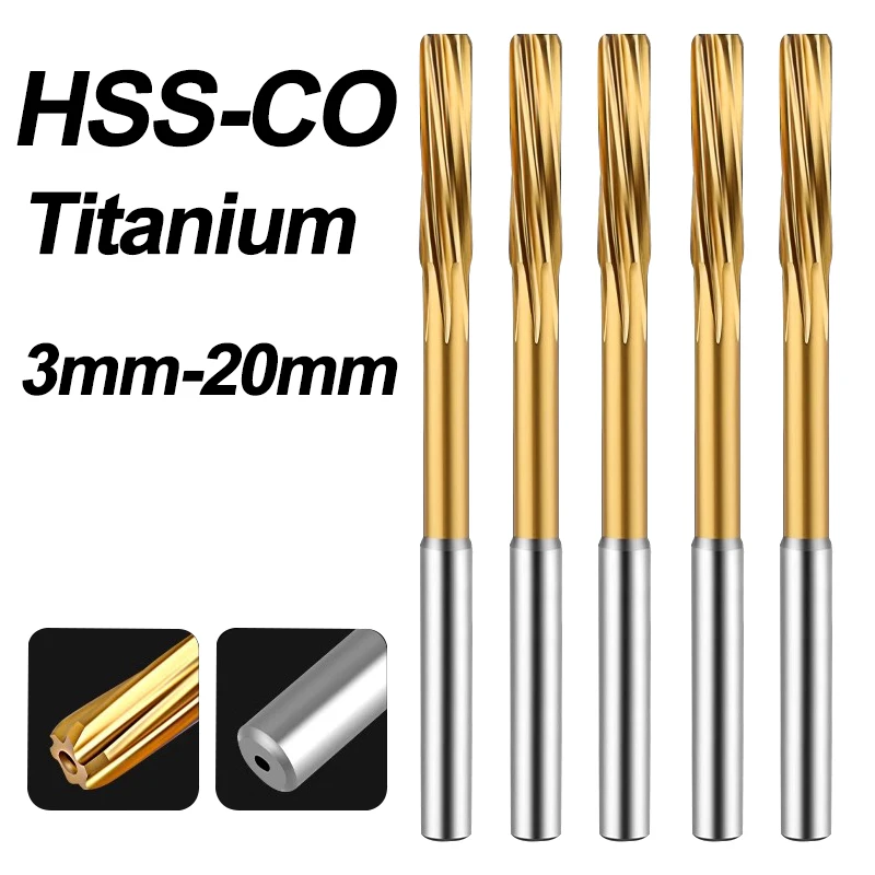 HSS-CO Cobalt Chucking Machine Reamer with TiAN Plated H7 Spiral Helical Straight Shank Reamer 3-20mm for Stainless Steel Metal