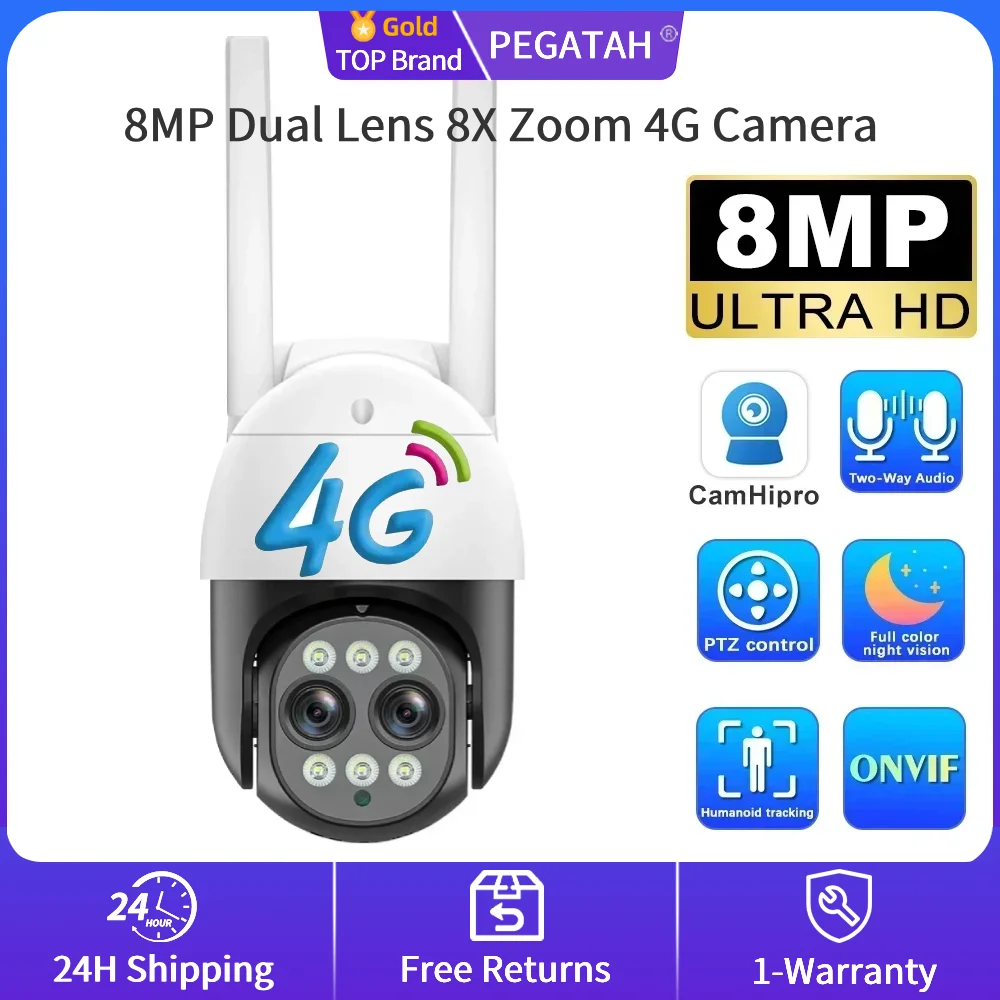 

PEGATAH 4G 4K 8MP Dual Lens 3.6mm-6mm 8X Zoom PTZ Camera Outdoor AI Human Tracking CCTV Audio Home Security Surveillance Camera