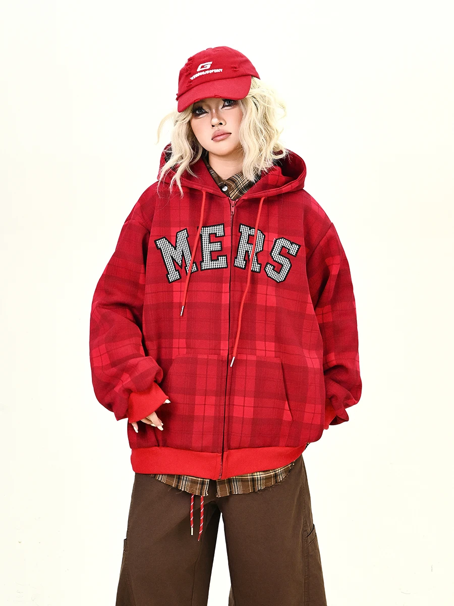 

Американская клетчатая толстовка в стиле оверсайз для женщин, уличная одежда, осенняя новинка, парная верхняя одежда, удобный свитшот