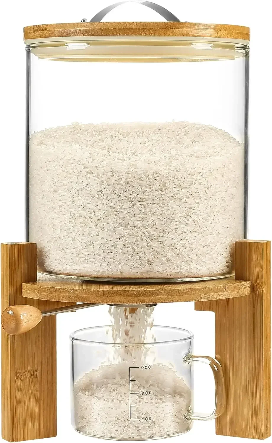 

Rice Dispenser, Rice Storage Container：Flour and Cereal Container with Airtight Lid and Wooden Stand, Glass Food Storge Containe