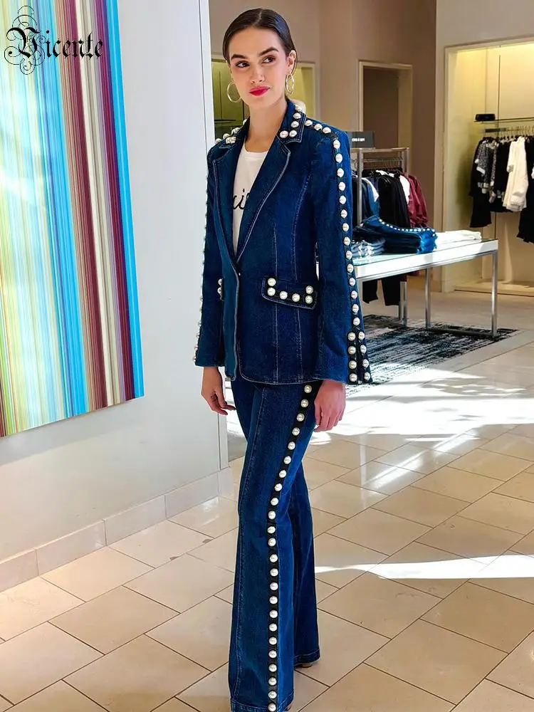 

VC Women Denim 2 Piece Suit Set Slim Fit Blazer Jacket High Waist Straight Pants Fashion Streetwear Office Lady Jeans Set 2026