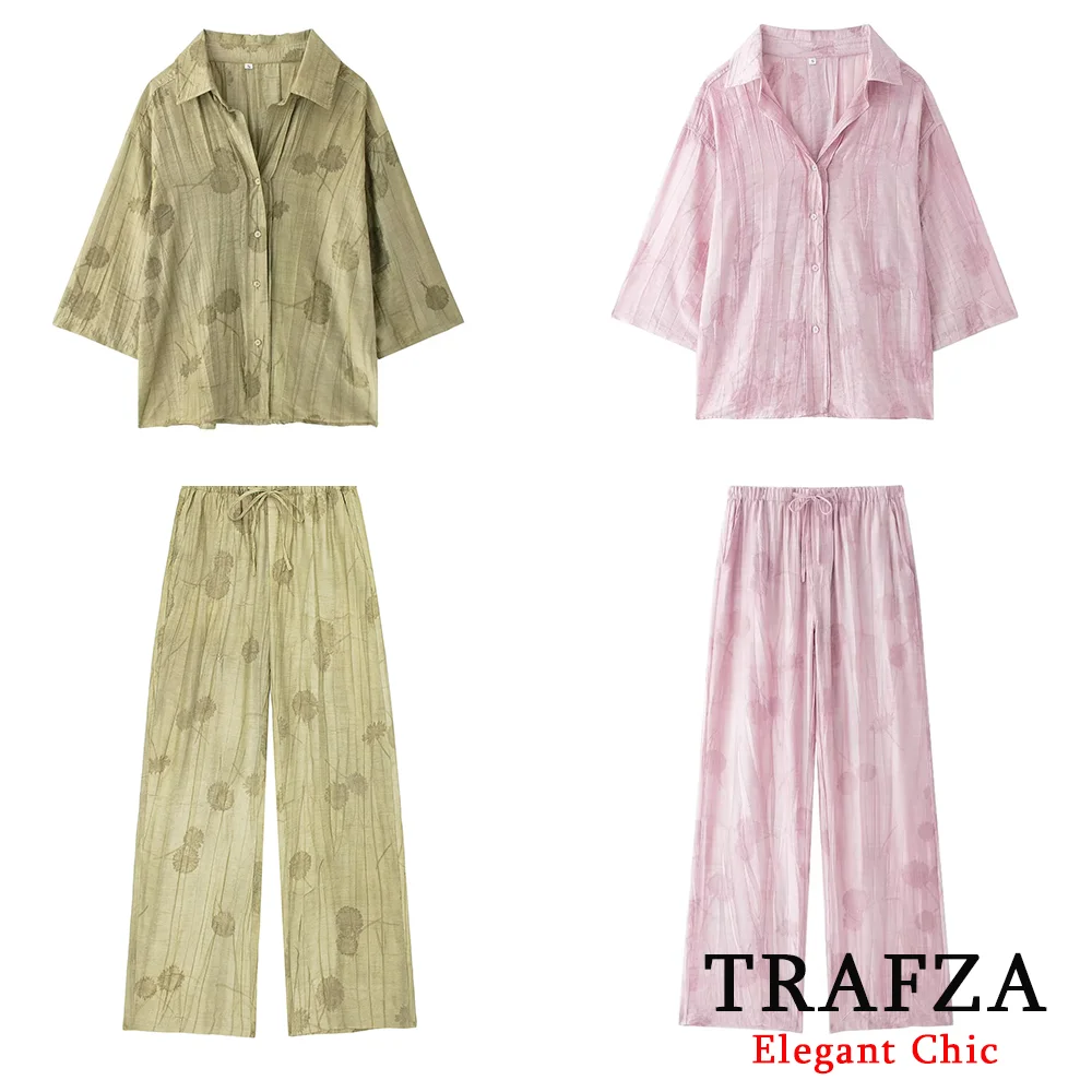 TRAFZA Casual Jacquard Women 2 Piece Set Fashion 2024 Summer Jacquard Texture Short Sleeve Loose Shirts+Pants NightWear Suit