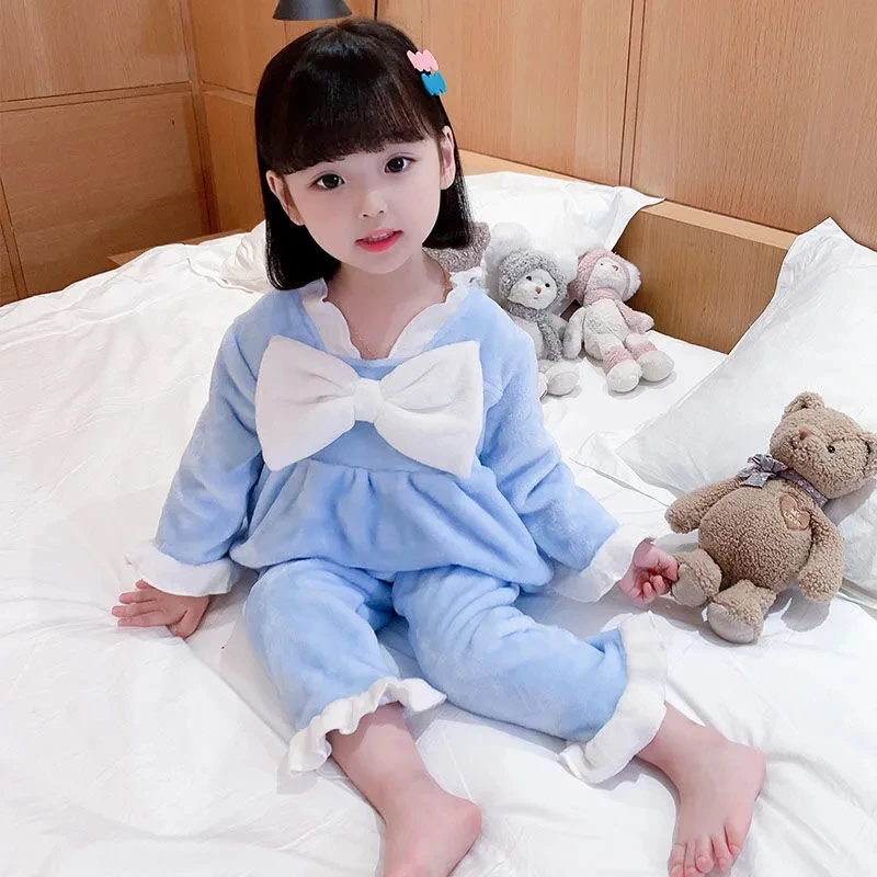 Baby Girl Casual Solid Color Flannel Pajamas Children Winter Thickened Warm Home Clothes Girls Sweet Bow Decor Pajamas Suit