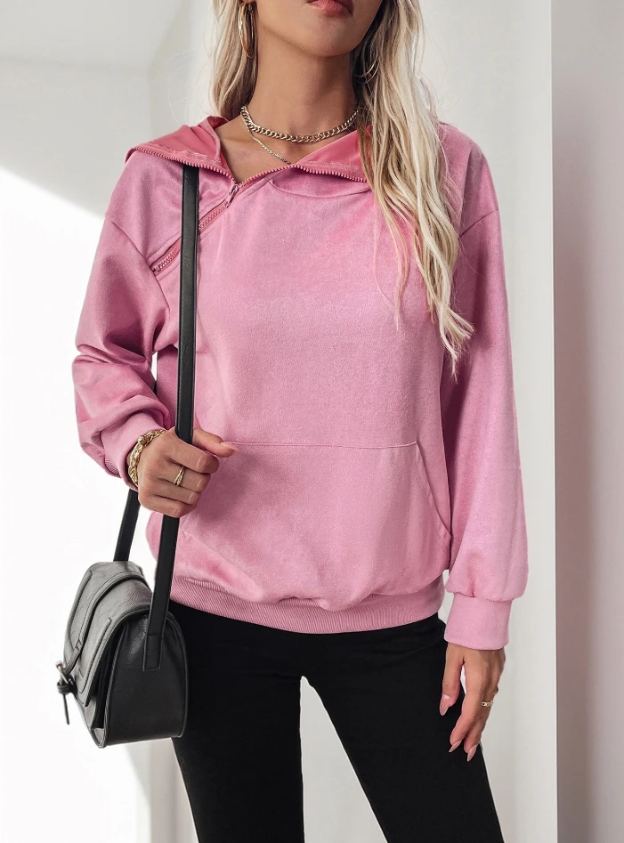 

Women's Tops Fashion Casual Sweatshirt Asymmetrical Zipper Hooded Kangaroo Pocket Long Sleeve Solid Color Loose Sweatshirt