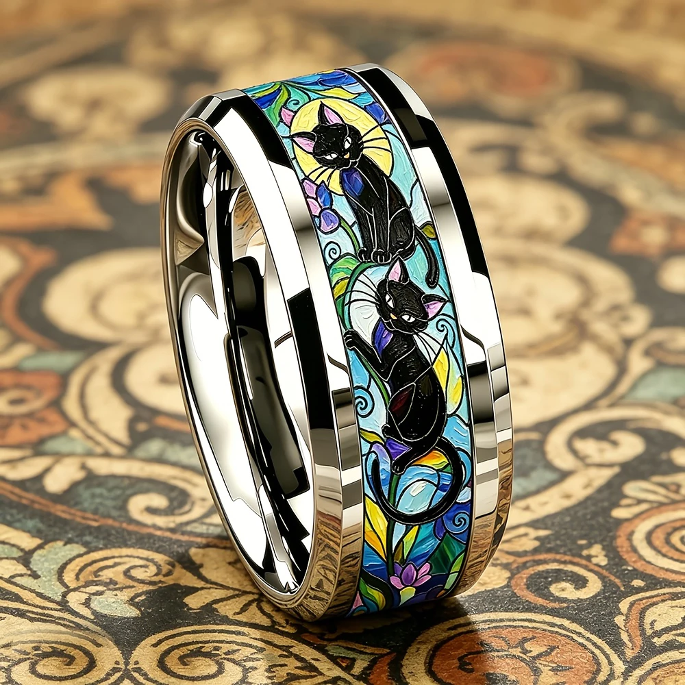 Künstlerischer Stil Abstrakter Schwarzer Katzen-Mond-Ring Einzigartige Edelstahlringe für Männer und Frauen Hochzeit Party Schmuck Geschenk für Katzenliebhaber – Detail 4