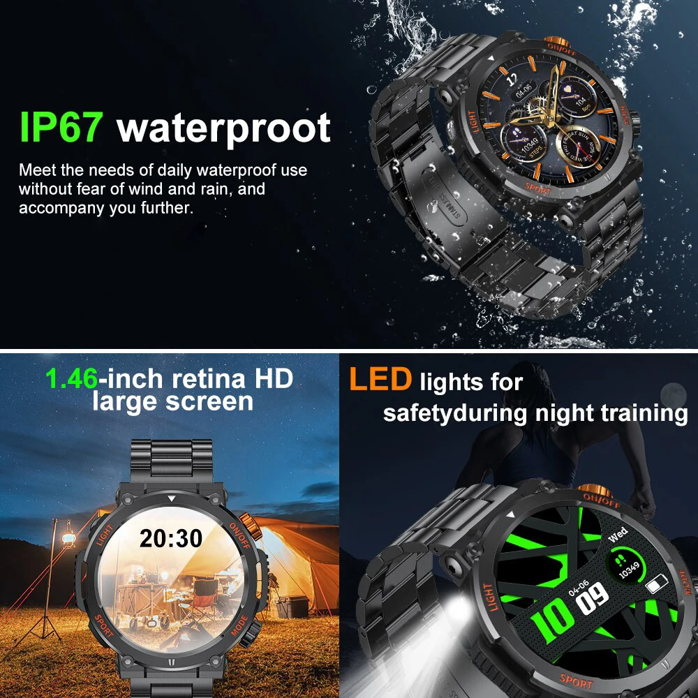 2024 Outdoor Smartwatch für Männer BT Telefon 1,46 Zoll Kompass Herzfrequenz messer Schlaf Tracker Uhren Sport modus Fitness uhr