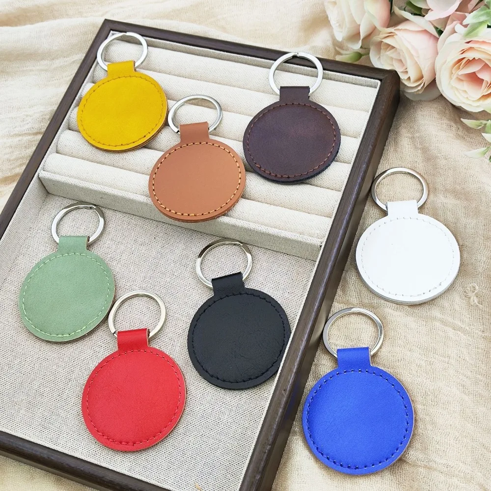 

Custom Leather Round Laser Engrave Keychain Backpack Bag Car Keyring Accessories Holder Home Key Ring Pendant Simple Gifts