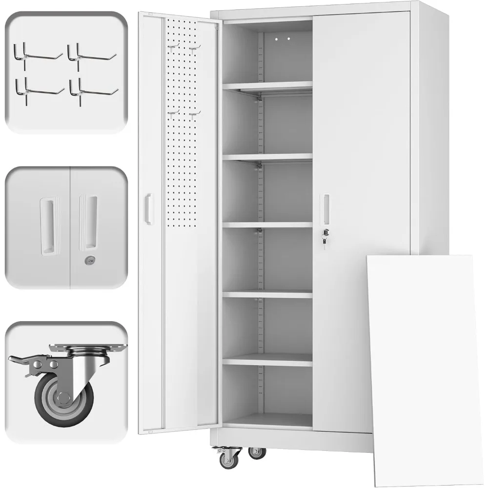 

71" Mobile Garage Storage Cabinet – Rolling Tool Cabinet with Pegboard & Drawer