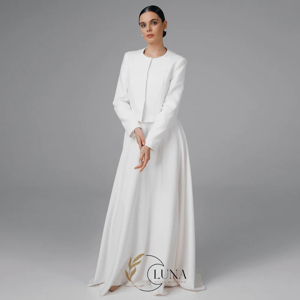 Luna Customized High Quality 2 Pieces Wedding Dresses with Jackets Full Sleeves Jersey Wedding Bride Party Gown robe de mariée