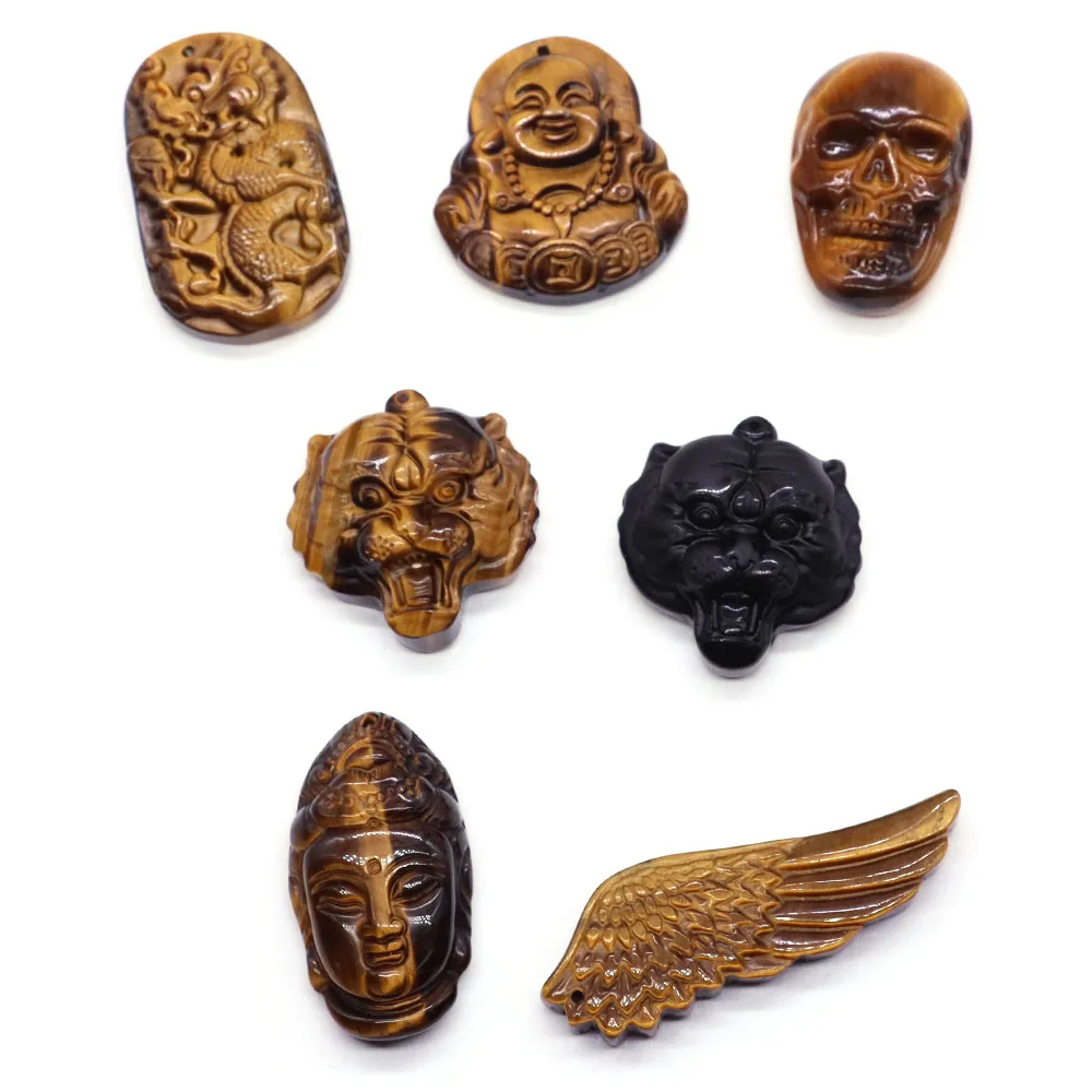 Natural Stone Tiger Eye Tiger Head Wing Skull Buddha Guanyin Dragon Shape Pendants Crystal Quartz Crafts Jewelry For Necklace