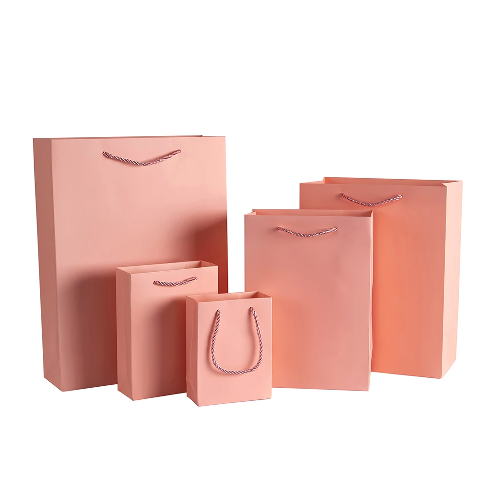 New Pink Paper Tote Bags 20x10x28cm Medium Gift Bags with Handles Bulk Custom Logo Kraft Paper Retail Shopping Merchandise Bags