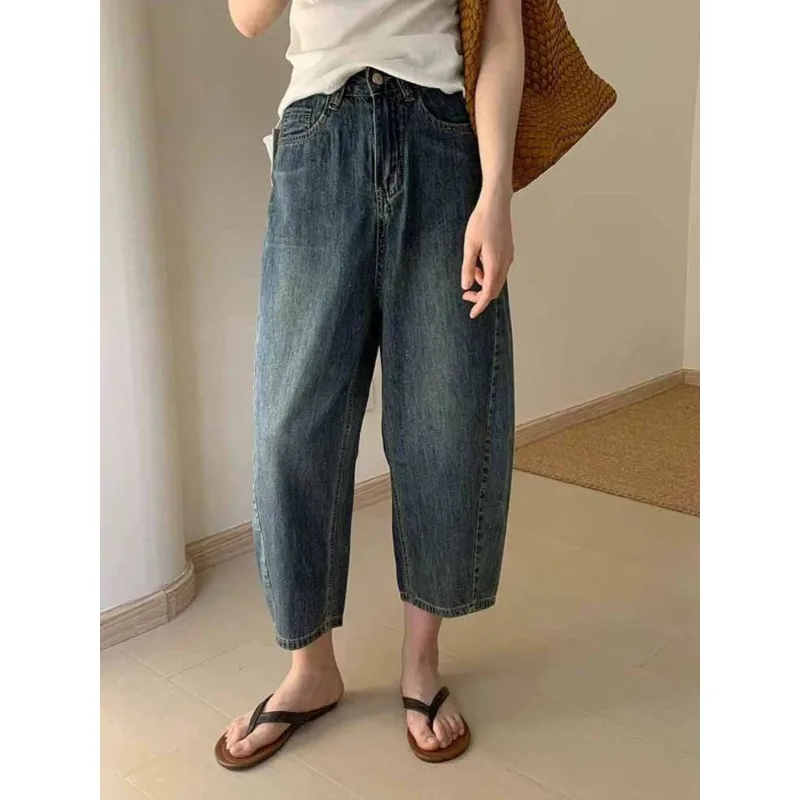 

Прямые женские джинсы с трубкой, тонкие синие джинсовые брюки в стиле ретро с высокой талией, свободные мешковатые широкие брюки в стиле Харадзюку Y2K, осень