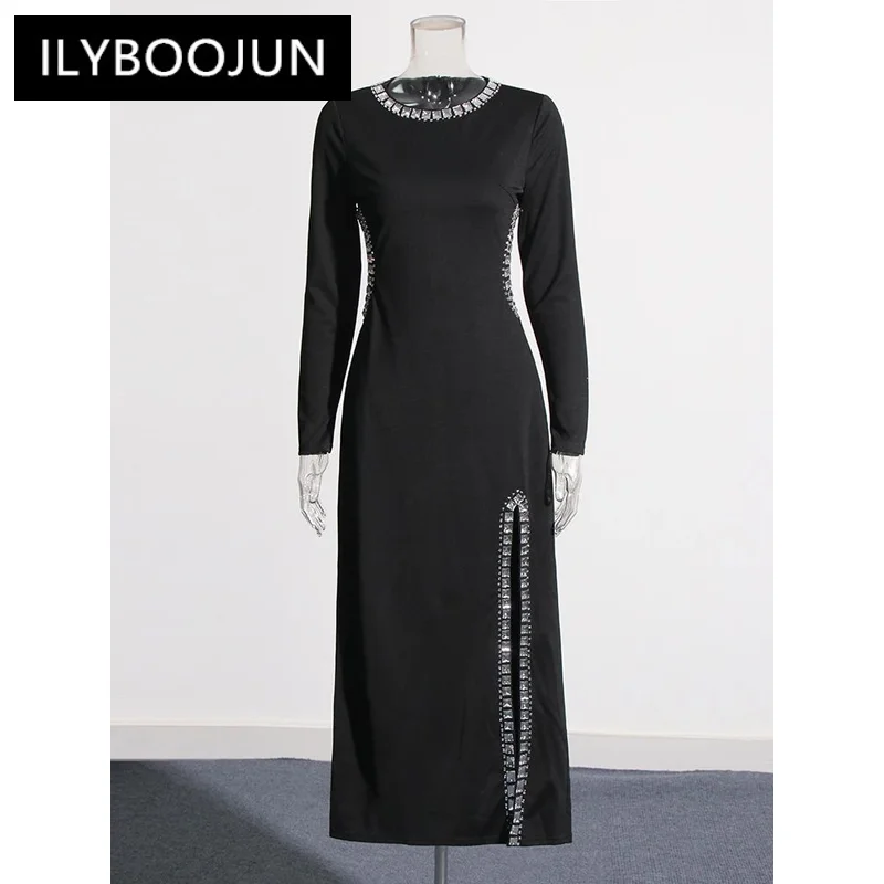 

ILYBOOJUN Solid Patchwork Diamonds Slimming Dresses For Women Round Neck Long Sleeve High Waist Hollow Out Sexy Dress Female
