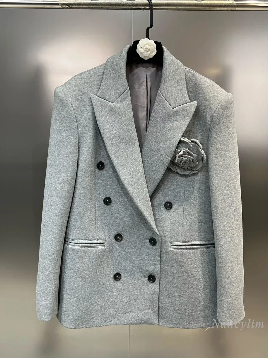 2023 Autumn and Winter Grey Blazer Women Lapel Long Sleeve Double Breasted Big Flower Suit Coat Niche Coats