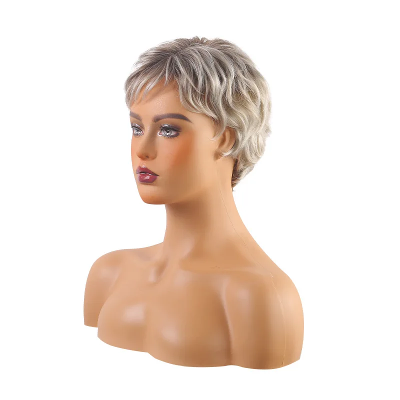 Parrucca naturale per capelli corti di colore misto grigio-marrone moda donna Parrucca a testa piena con frangia soffice Parrucca di vendita calda