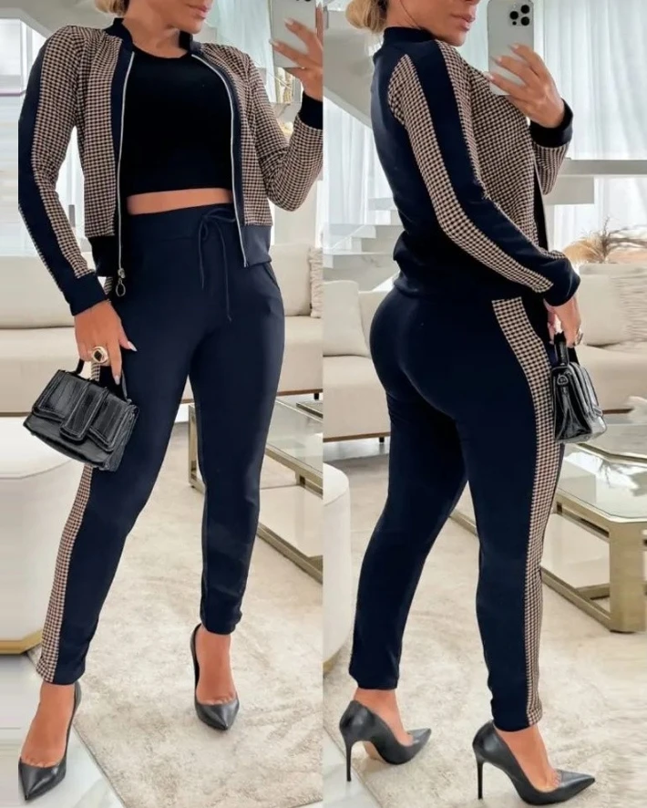 Sporty Chic Women's Casual Two-Piece Set Checkered Printed Zipper Jacket Drawstring Pants Set Comfortable Daily Women's Sets