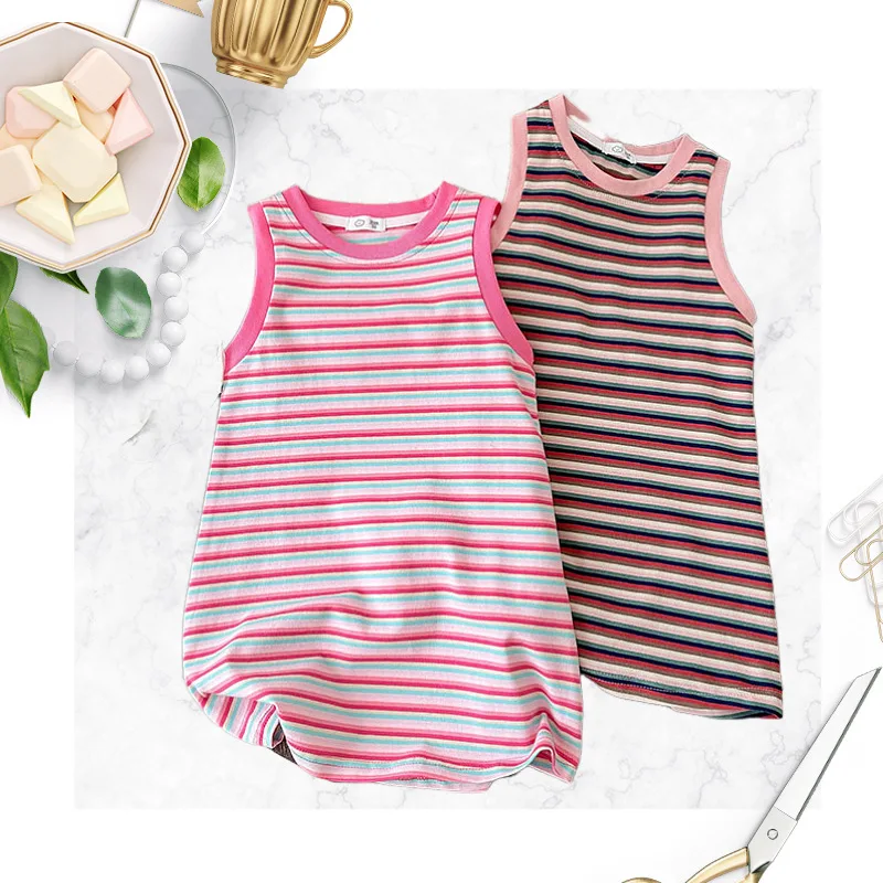 فستان صيفي مخطط للفتيات - فستان قطني مسامي على شكل حرف A مع أشرطة واسعة، متواضع ومريح للعب