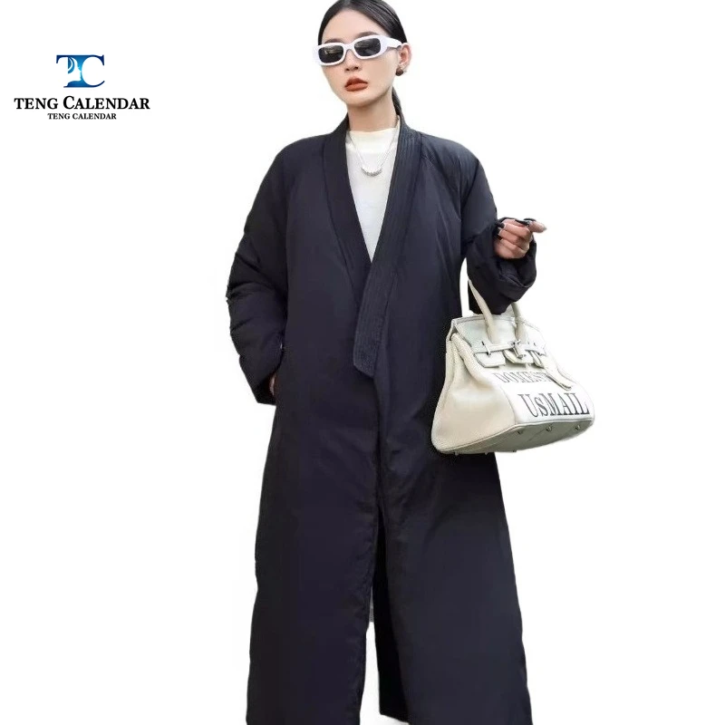 Winterdonsjack, hoogwaardige knielengte luie stijl taille cinched witte eendendonsjas, dames 2025, nieuwe stijl