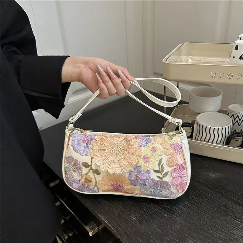 White Light Pink 3D Colorful Floral Embroidery Mesh Crescent Flower Shoulder Handbag Elegant Hobo Bag Purse Commute for Women